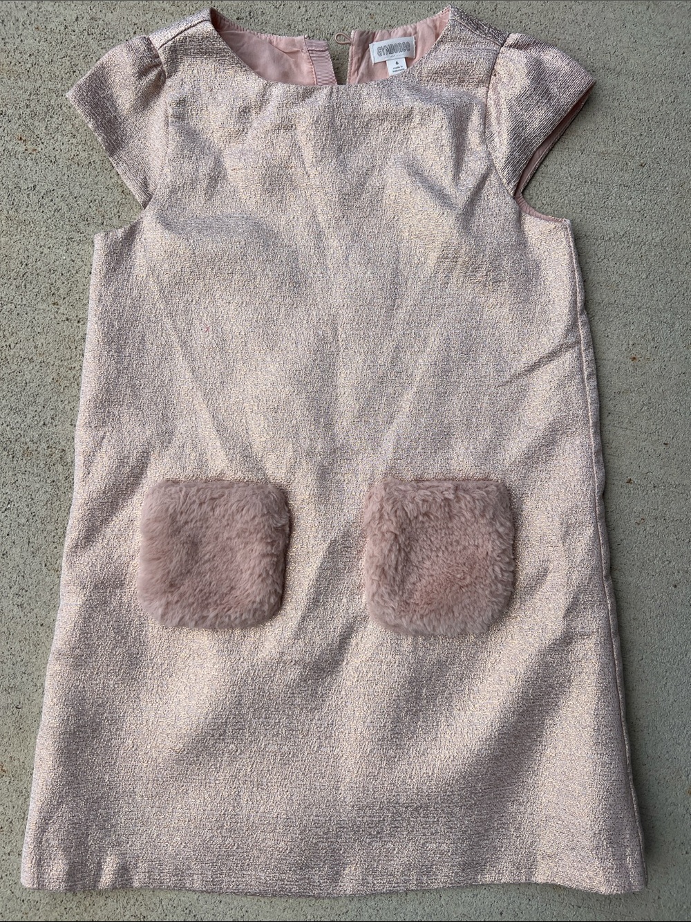 Little Girls' Shimmery Pink Dress with Faux Fur Pockets